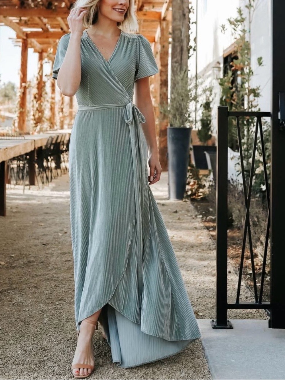 BALTIC BORN Andi Ribbed Velvet Velour Maxi Wrap Dress Dusty Sage Green XL - Picture 2 of 9